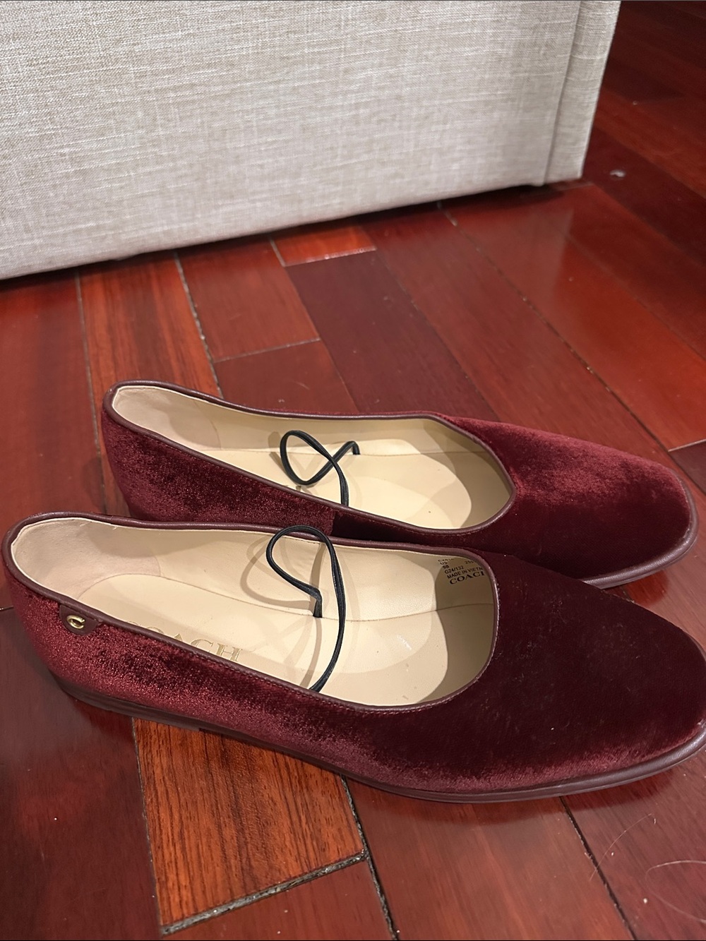 Coach Women's Burgundy Velvet Ballet Flats - Picture 2 of 3